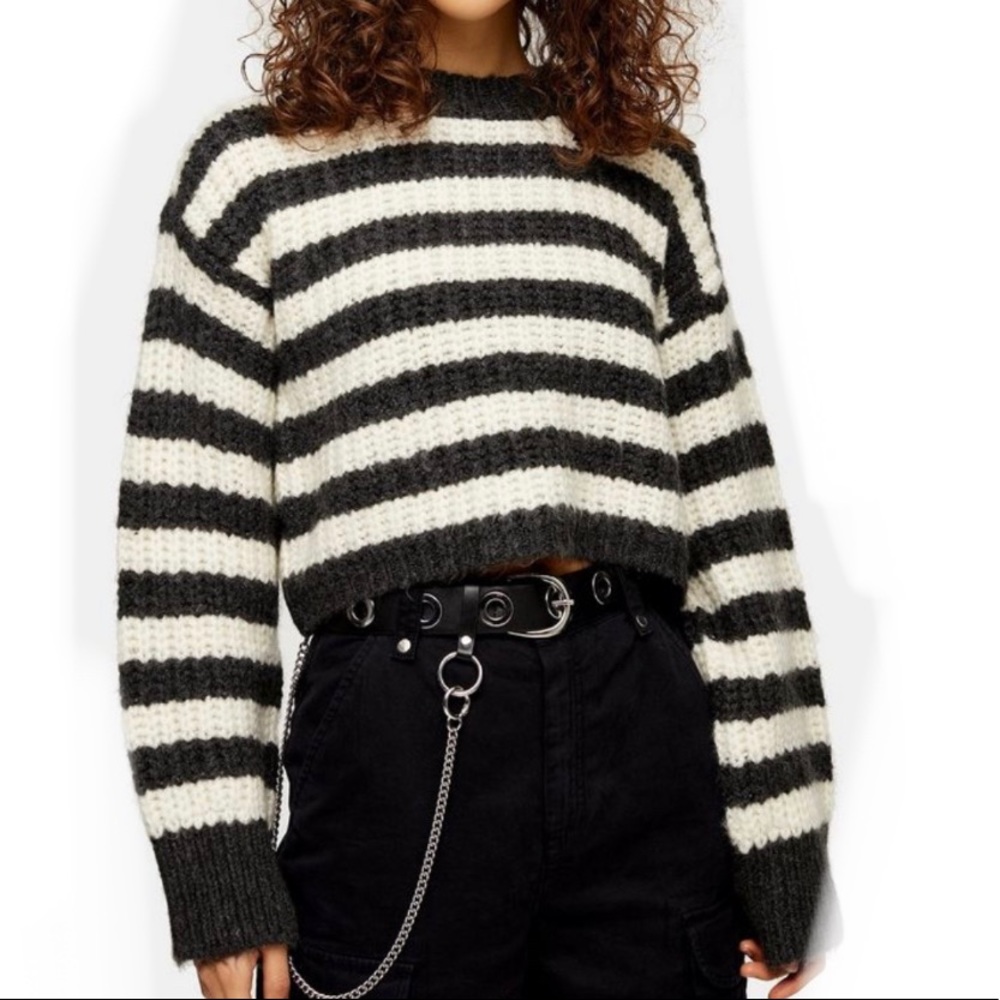 TOPSHOP Grey Knitted Stripe Crew Neck Sweater SL